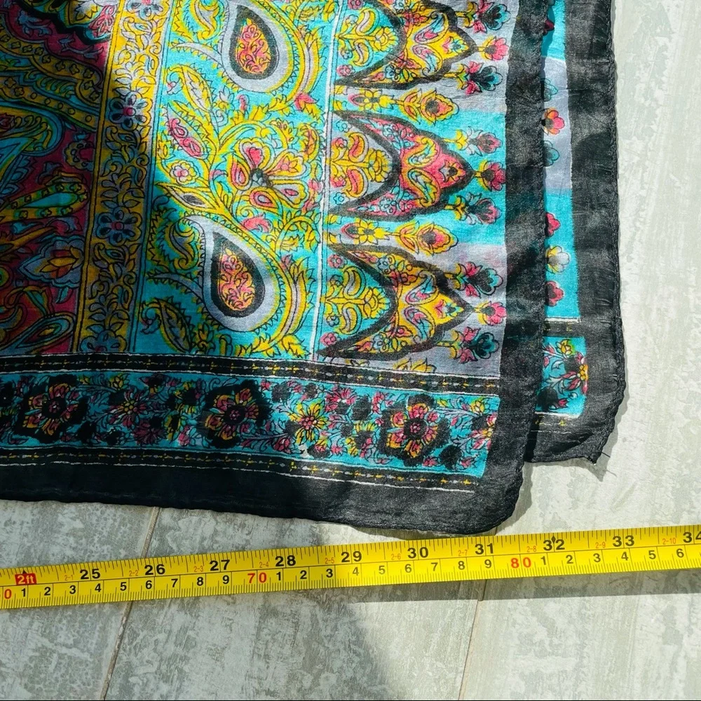Vintage Rainbow Genuine Silk Paisley Rolled Hem Long Rectangular Women Men Scarf